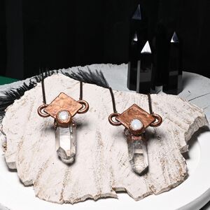 Copper Electroformed Diamond Moonstone Clear Quartz Crystal Necklace